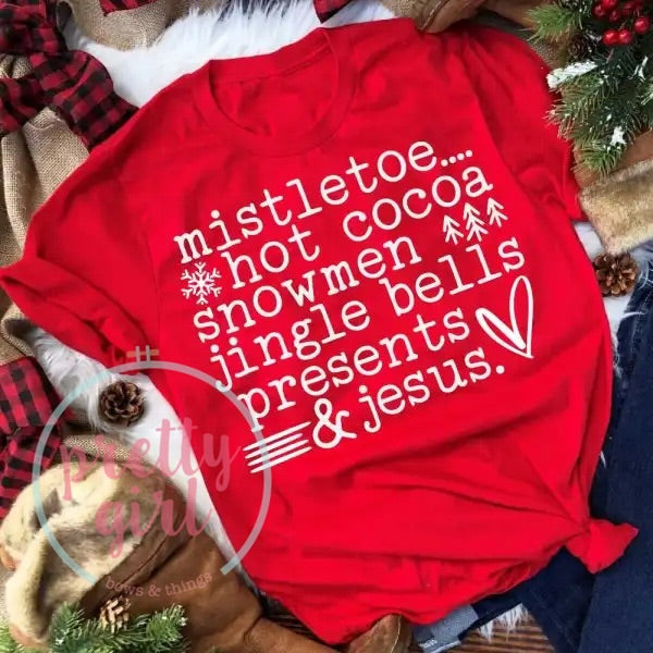Mistletoe hot cocoa snowmen jingle bells presents & jesus adult shirt
