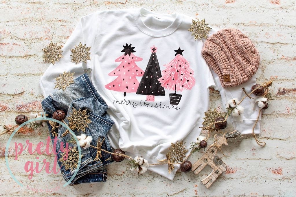 Merry Christmas Pink Trees ADULT crewneck
