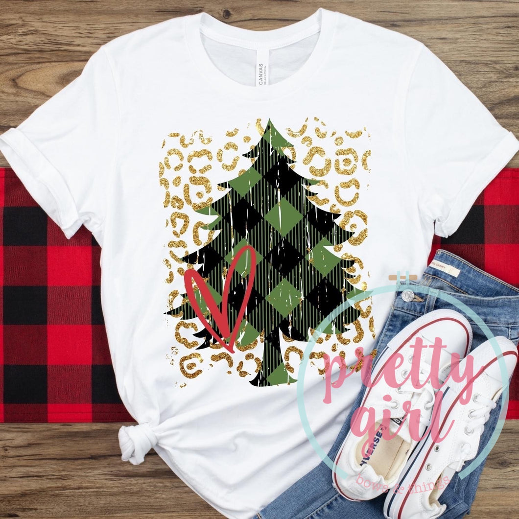 Leopard plaid Christmas tree ADULT TSHIRT