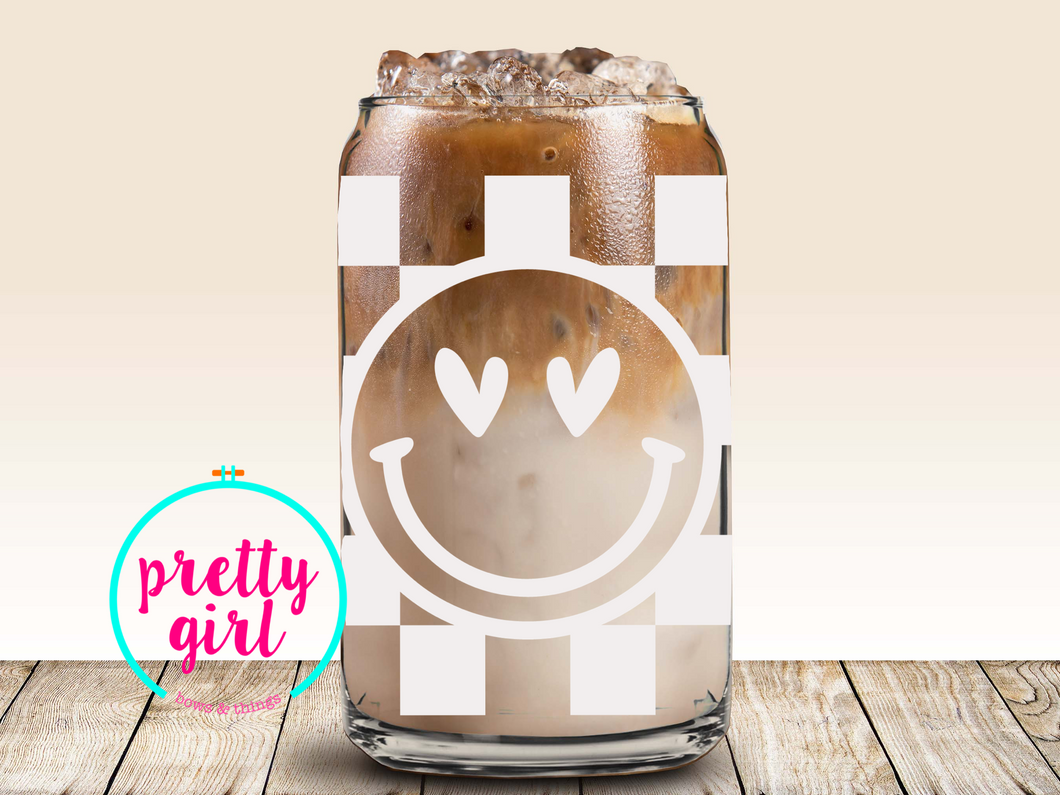 Checkered smiley glass can