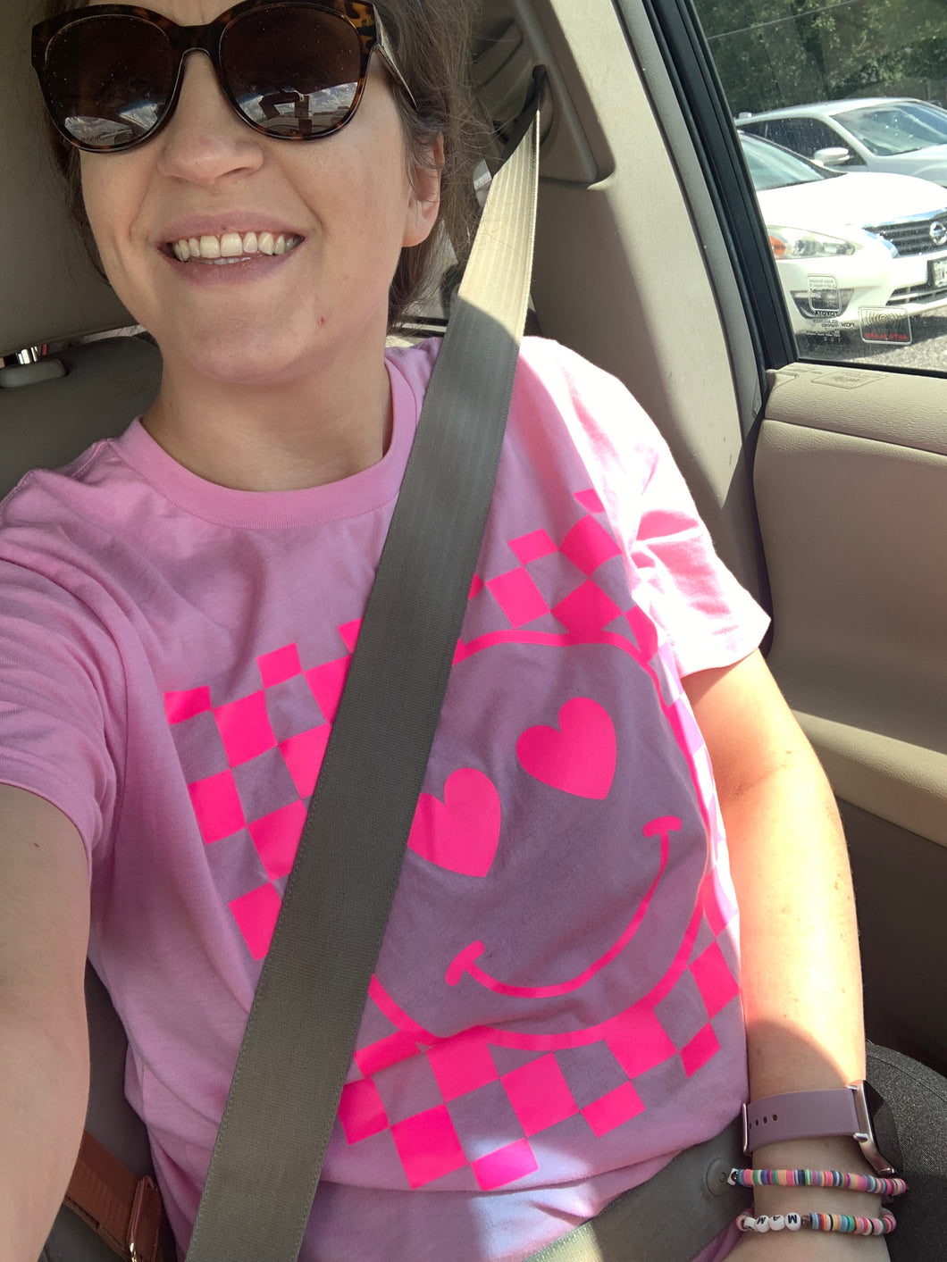 Pink monochromatic heart eyes smiley face ADULT TSHIRT